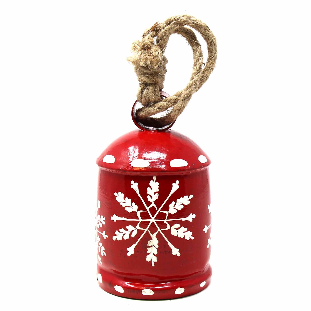 Red-White Metal Hand-Painted Snowflake Hanging Bell with Wood Clapper